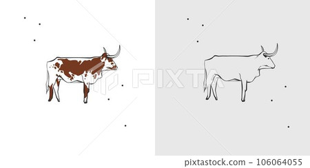 Hand drawn abstract vector graphic clipart illustration boho bull and cow with horns logo element.Western design concept. Doodle wild west contemporary art.Cowboy girl modern drawing. Cow farm design. Hand drawn abstract vector graphic clipart illustration boho bull and cow with horns logo element.Western design concept. Doodle wild west contemporary art.Cowboy girl modern drawing. Cow farm design. 106064055