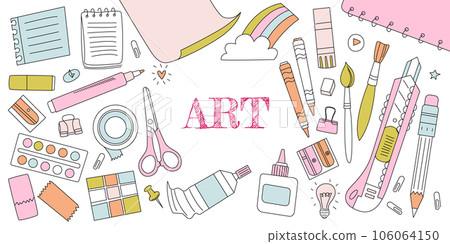 Banner for art studio and school with stationeries. Bright doodles vector illustration 106064150