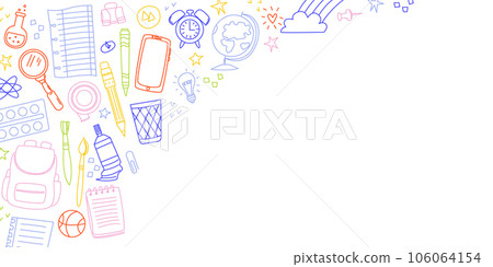 Education banner. School items in form of frame. Vector illustration with editable stroke 106064154