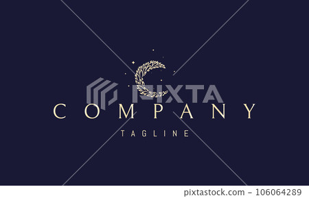 Vector golden logo on which an abstract image of the moon made up of leaves against the background of stars. 106064289