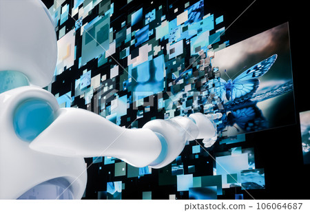 Robot is creating images. Artificial Intelligence (AI) Generated Image concept. 3d rendering. Robot is creating images. Artificial Intelligence (AI) Generated Image concept. 3d rendering. 106064687