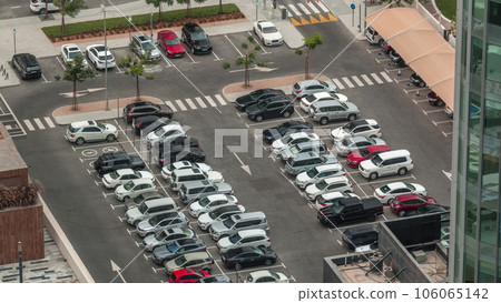Aerial view of a parking lot with many cars in rows timelapse Aerial view of a parking lot with many cars in rows timelapse 106065142