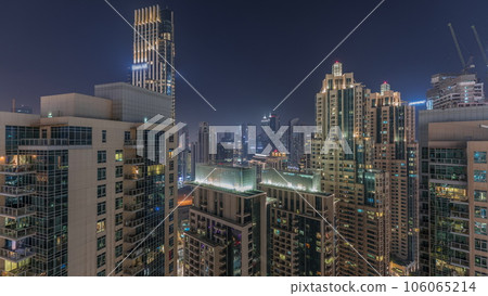 Panorama of downtown Dubai city aerial night timelapse 106065214
