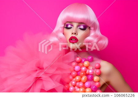 Emotion pink wig woman. Wide open mouth. Pink lips makeup Emotion pink wig woman. Wide open mouth. Pink lips makeup 106065226