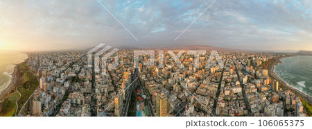 Aerial view of Miraflores and its boardwalk in Lima. 106065375
