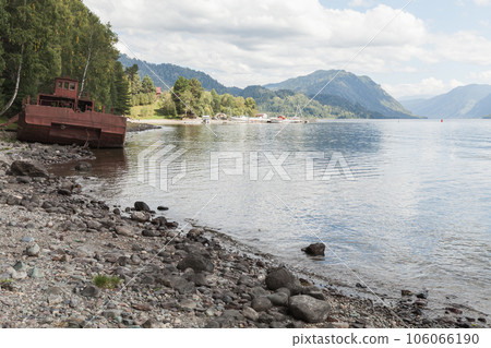 Teletskoye lake, coastal landscape with ship wreck Teletskoye lake, coastal landscape with ship wreck 106066190