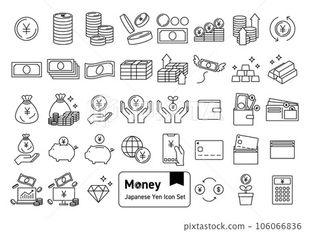 Money, banknotes, currency Japanese yen icon set (line drawing only) 106066836