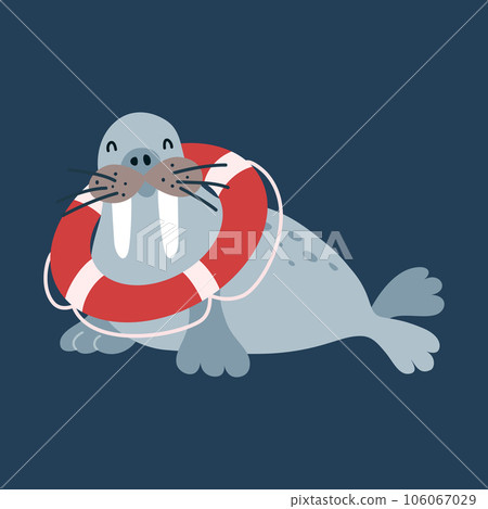 Cartoon walrus with red lifebuoy on isolated dark blue background. Character of the sea animals for the logo, mascot, design, print. Vector illustration Cartoon walrus with red lifebuoy on isolated dark blue background. Character of the sea animals for the logo, mascot, design, print. Vector illustration 106067029