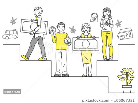 Men and women with money thinking of what they want Men and women with money thinking of what they want 106067381