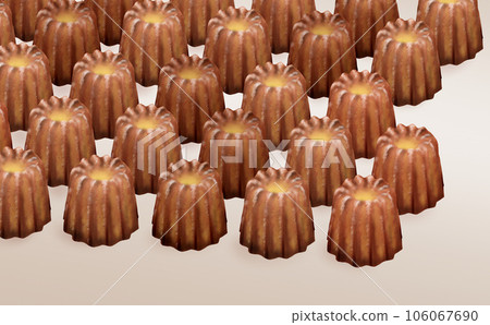 插圖素材，大量的canelé糖果，烘焙糖果，分級背景，不同的顏色和差異Canelé 106067690