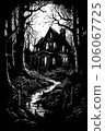 Black and white vector sketch illustration of Horror House in the dark forest 106067725