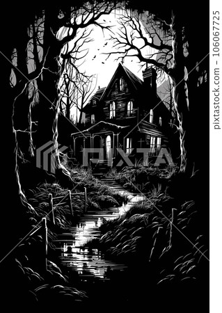 Black and white vector sketch illustration of Horror House in the dark forest Black and white vector sketch illustration of Horror House in the dark forest 106067725