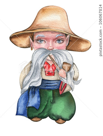 Watercolor hand drawn boy gnome in national ukrainian costume.Design for baby shower party, birthday,cake, holiday celebration design, greetings card,invitation. 106067814