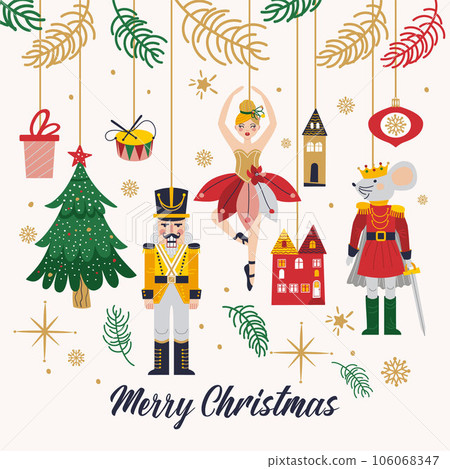 Merry Christmas, New Year set with Ballerina, Mouse King and Nutcracker. Christmas card three and toys 106068347