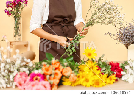 Professional floral services. Delicate floral craftsmanship. Organic flower arrangements. Assorted bouquet choices. Woman florist making bouquet of fresh flowers isolated over beige background Professional floral services. Delicate floral craftsmanship. Organic flower arrangements. Assorted bouquet choices. Woman florist making bouquet of fresh flowers isolated over beige background 106068555