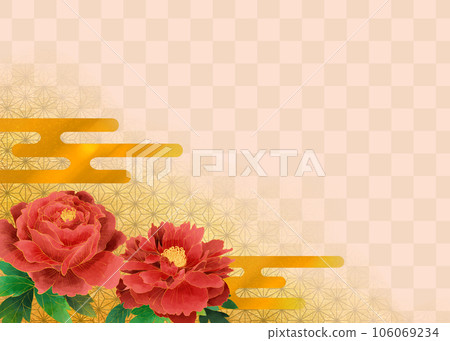 Peony Japanese-style background Checkered pattern and hemp leaves Peony Japanese-style background Checkered pattern and hemp leaves 106069234