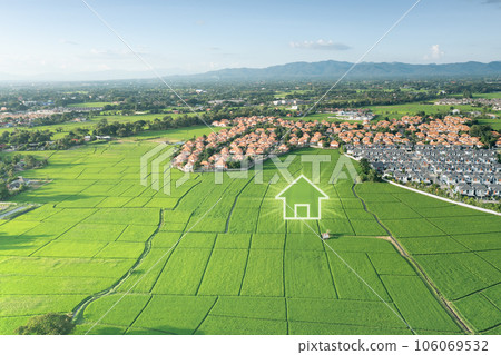 Green fields and dream house in aerial view. 106069532