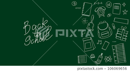 Doodle illustration with subjects for school and text Back to school. Editable stroke vector Doodle illustration with subjects for school and text Back to school. Editable stroke vector 106069656
