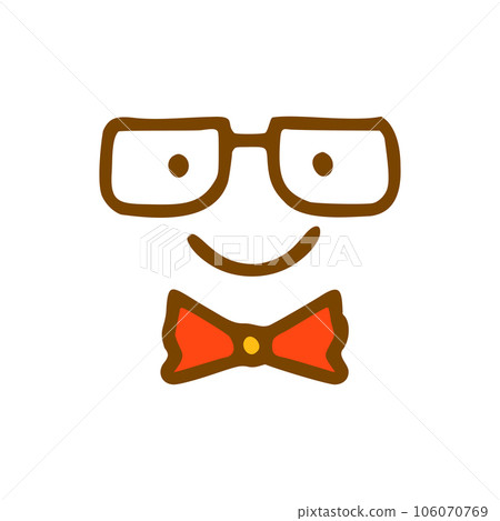 Emoticon with glasses and a bow tie doodle icon. Emoticon in hand drawn style isolated on white background 106070769