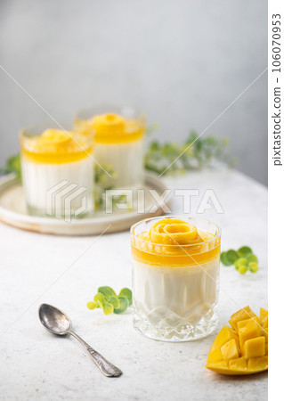 panna cotta with mango 106070953
