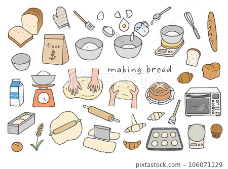 Hand-drawn illustration set related to bread making (color) 106071129