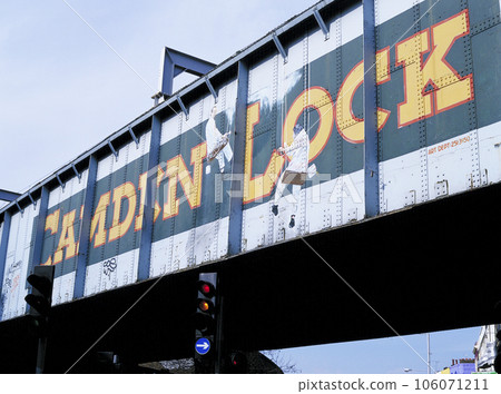 Camden Lock typeface painted on the Camden Town Viaduct in London 106071211