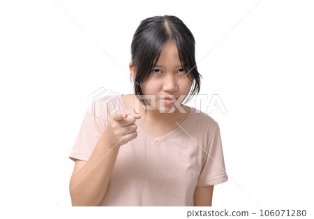 girl wonder or doubt and point finger isolated on white background, emotion concept 106071280