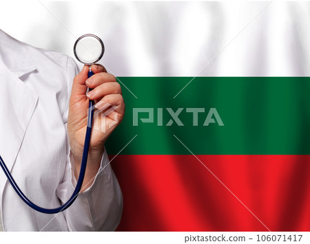 Bulgarian doctor's hand with stethoscope on the background of flag of Bulgary Medicine, clinic 106071417