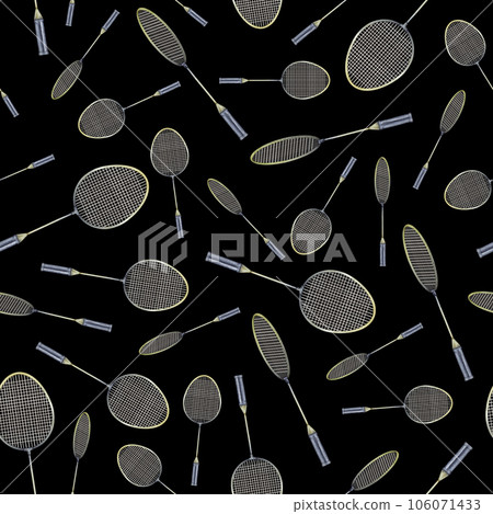 Seamless pattern badminton racket and shuttlecock watercolor illustration. Hand drawn and isolated on a black background. Athletic lifestyle, sport design, textile 106071433
