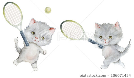 Little fluffy gray kitten tennis player holding racket watercolor illustration. Hand drawn isolated on a white background. pet cat cartoon for kids, posters, stickers, textile, sports 106071434