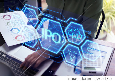 IPO or Initial Public Offering on chart laptop computer, financial trade. Concept of exchange and investment 106071608