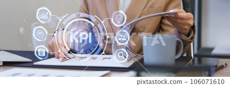 KPI acronym Key Performance Indicator For business planning and measure success, target achievement on Virtual Screen of laptop. KPI acronym Key Performance Indicator For business planning and measure success, target achievement on Virtual Screen of laptop. 106071610