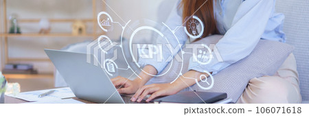 KPI acronym Key Performance Indicator For business planning and measure success, target achievement on Virtual Screen of laptop. 106071618