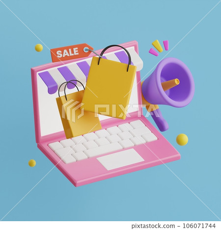 Online shopping 3D Illustration, online shop, online payment and delivery concept with floating elements. Online shopping 3D Illustration, online shop, online payment and delivery concept with floating elements. 106071744