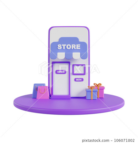 Online shopping 3D Illustration, online shop, online payment and delivery concept with floating elements. Online shopping 3D Illustration, online shop, online payment and delivery concept with floating elements. 106071802