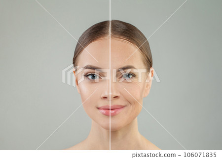 Portrait of beautiful woman with wrinkles and young clean skin, aging and youth concept\ Portrait of beautiful woman with wrinkles and young clean skin, aging and youth concept\ 106071835