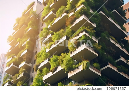Green vertical green. Facade garden in full bloom for climate adaptation 106071867