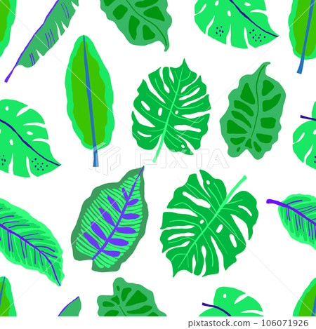 Vector seamless pattern with neon green tropical leaves on white. Vector illustration Vector seamless pattern with neon green tropical leaves on white. Vector illustration 106071926