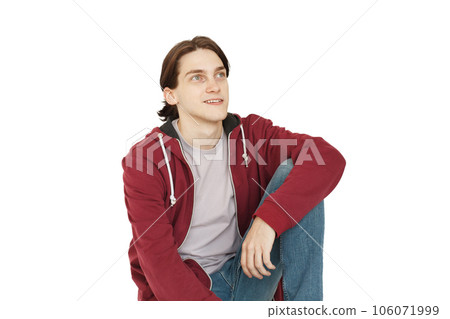 Happy man with brown hair looking up on white background Happy man with brown hair looking up on white background 106071999