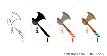 Set of axes of ancient African and Indian tribes and peoples. Axes in color, silhouette, contour. Isolated vector. Native American Indian Tomahawk weapon. History, traditions, crafts, culture 106072217