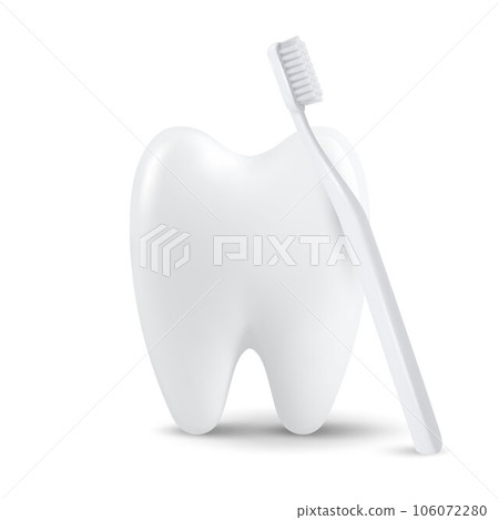 Vector 3d Realistic Tooth with Toothbrush Isolated on White Background. Medical Dentist Design Template, Clipart. Dental Health Concept 106072280