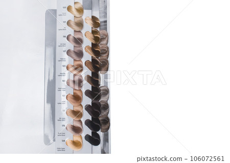 Miscellaneous various samples color palette dye coloring hair shade on white background, isolated 106072561