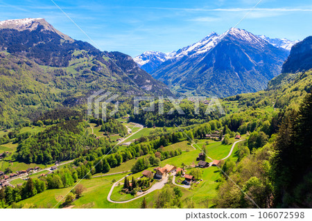 Panoramic view of Meiringen, near Reichenbach falls (Reichenbachfall) at the Swiss Alps in Switzerland 106072598