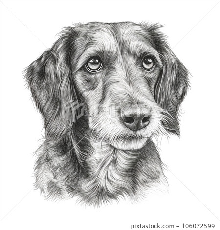 Wirehaired dachshund, engaving style, close-up portrait, black and white drawing, cute dog 106072599