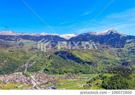 Panoramic view of Meiringen, near Reichenbach falls (Reichenbachfall) at the Swiss Alps in Switzerland 106072600