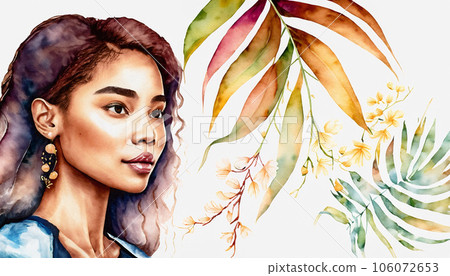 Watercolor art, portrait of beautiful young model. Asian women with tropical foliage. AI Generative Watercolor art, portrait of beautiful young model. Asian women with tropical foliage. AI Generative 106072653