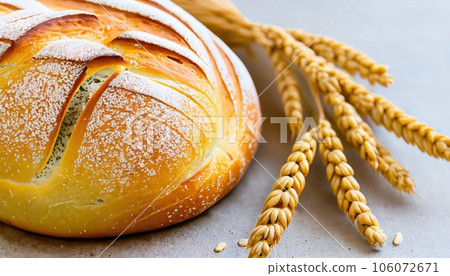 Concept of abundance and harvest, bread and ears of wheat. Concept of abundance and harvest, bread and ears of wheat. 106072671