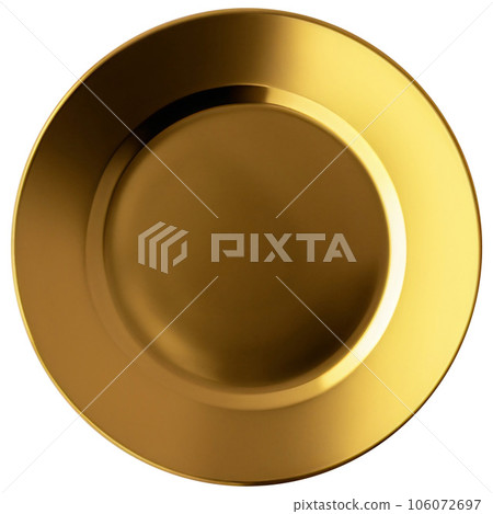 Top view of empty gold plate isolated on background. Golden dish. 106072697