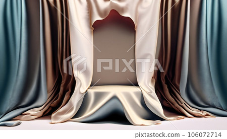 Pedestal podium with drapery luxury silk textile. Showcase of beauty, cosmetic product presentation. Stand stage on display background studio with copy space. 106072714