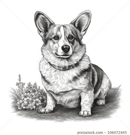 Cardigan welsh corgi, engraving style, closeup... - Stock